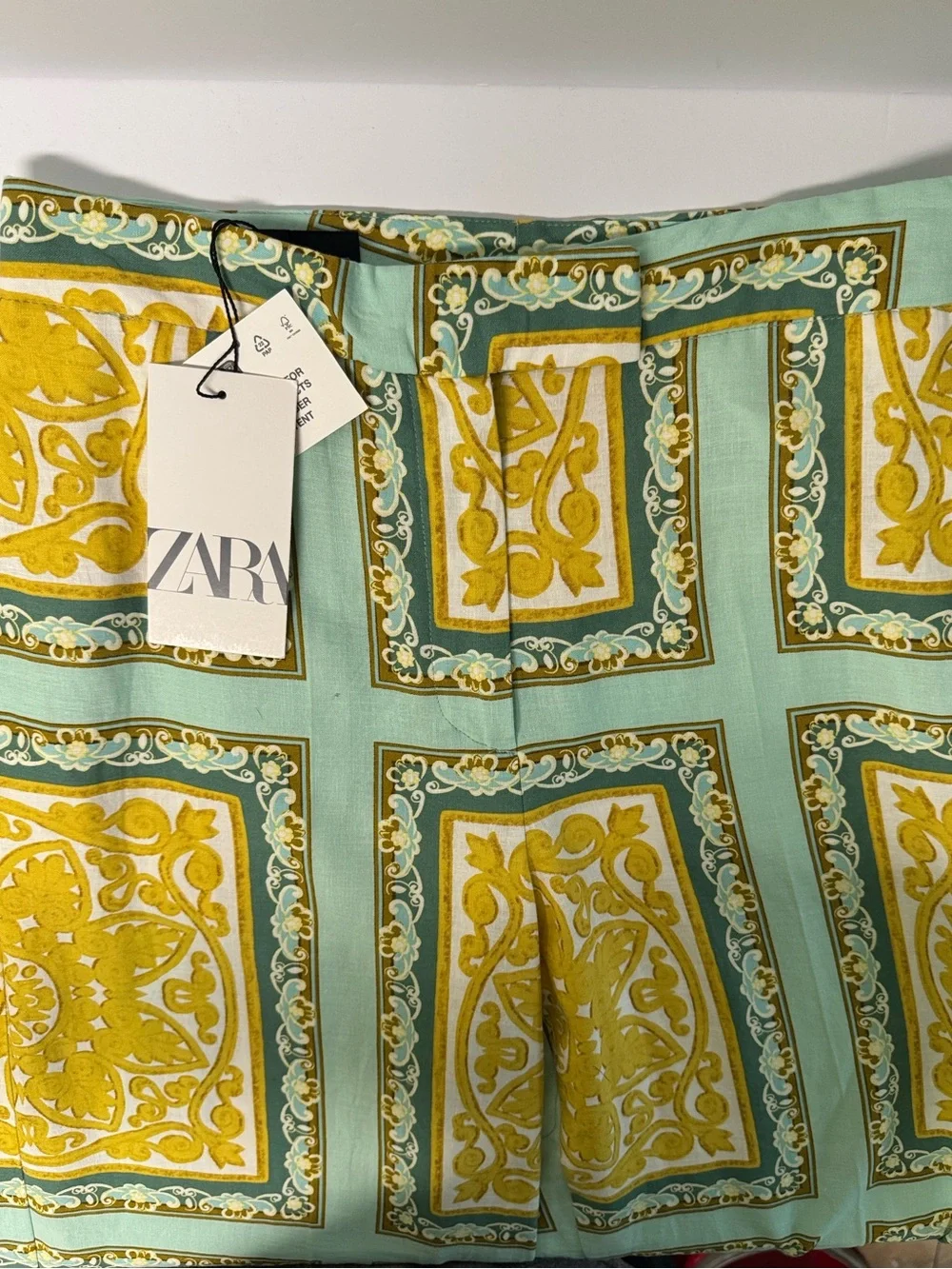 Zara Yellow & Mint Baroque Print Linen Blend Wide Leg Trousers Size Small